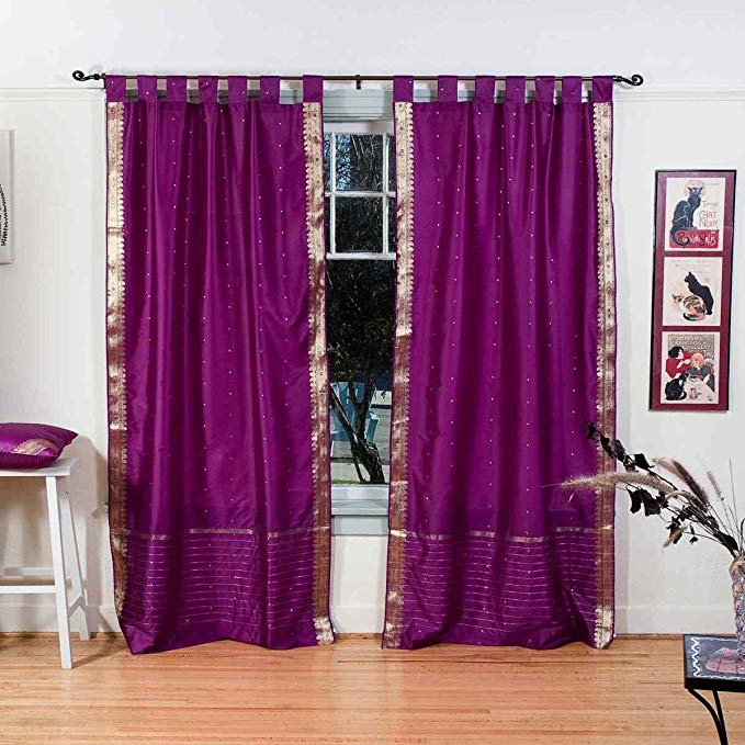 Lined-Violet Red Tab Top Sheer Sari Curtain / Drape - 43W x 120L - Pair