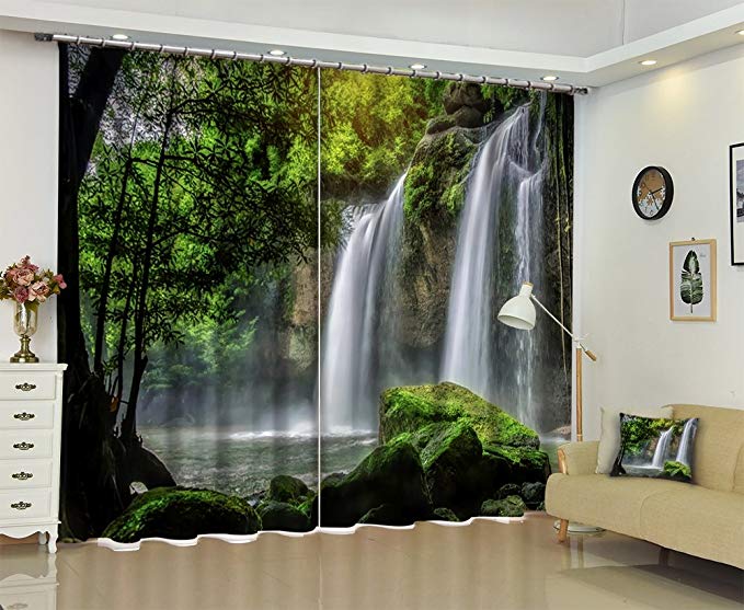 LB Nature Scenery Window Curtains for Bedroom Living Room,Falling Waterfall in the Forest Teen Kids Room Darkening Blackout Curtains Drapes 2 Panels,42 x 63 Inches