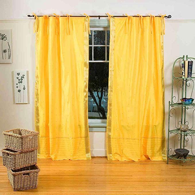 Lined-Yellow Tie Top Sheer Sari Curtain / Drape / Panel - 80W x 108L - Piece