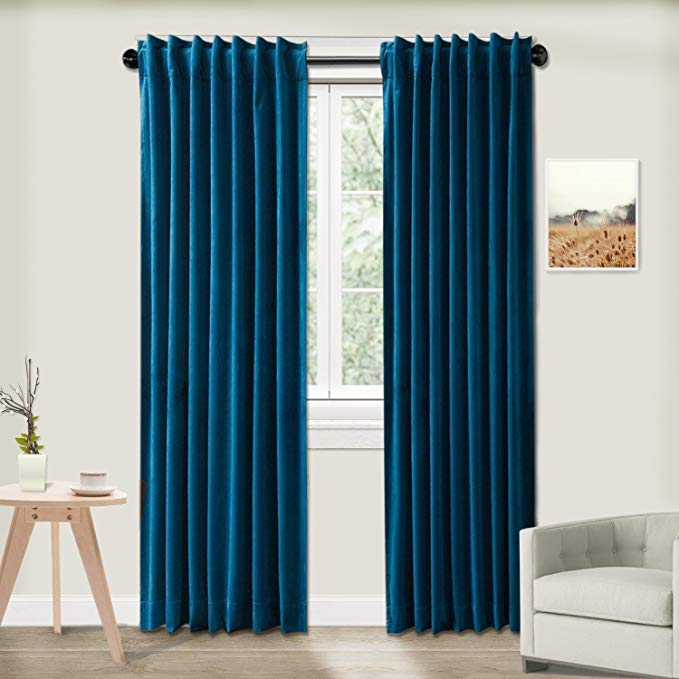 Cottontree Homesoft FirstHomer Set of 2 Solid Matt Thermal Insulated Blackout Velvet Back Tab/Rod Pocket Curtains/Drapes Panels For Bedroom,Blue,50Wx120L Inch Each
