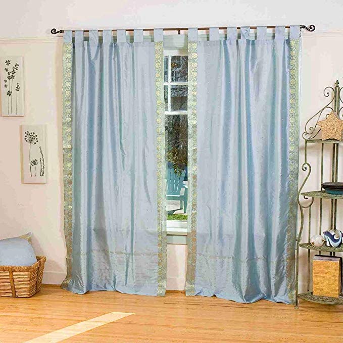 Lined-Gray Tab Top Sheer Sari Curtain / Drape / Panel - 43W x 108L - Pair