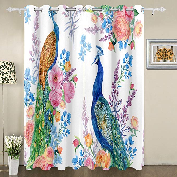My Little Nest Watercolor Peacocks Flowers Blackout Window Curtains Grommet Top Thermal Insulated Room Darkening Drape for Bedroom Living Room 55W x 84L Inch, 2 Panels